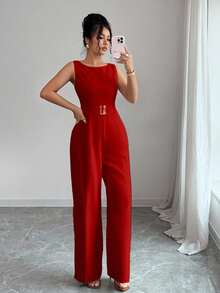Rafferiza Petite 女士优雅红色无袖连体裤，梭织面料，超长圆领，纯色设计，带拉链细节，红色连体裤，女士连体裤，喇叭连体裤 - 紅色 - 查看 5
