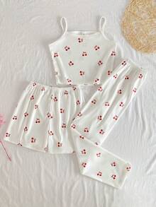 SHEIN 3件套少女简约白色底红色樱桃印花吊带背心、短裤和长裤休闲舒适睡衣 - 白色 - 查看 11