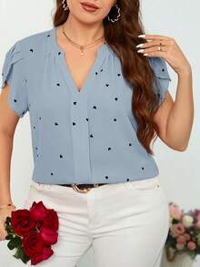 Reflora Plus Size Notch Neck Petal Sleeve Heart Print Minimalist Top Valentines - Baby Blue - View 1