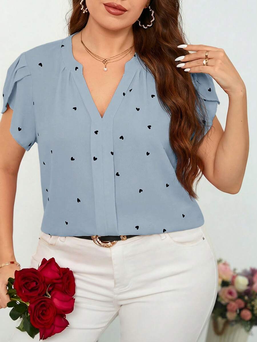 Reflora Plus Size Notch Neck Petal Sleeve Heart Print Minimalist Top Valentines - Baby Blue - View 1