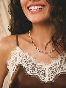 Aralina Elegant Beige Satin Lace Trim Spaghetti Strap Slim Fit Chic Vacation Outfits Women Cami Top - Coffee Brown - View 5