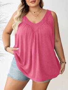 SHEIN CURVE+ Plus Size Women Green V-Neck Loose Camisole, Going Out Tops - Watermelon Pink - View 8