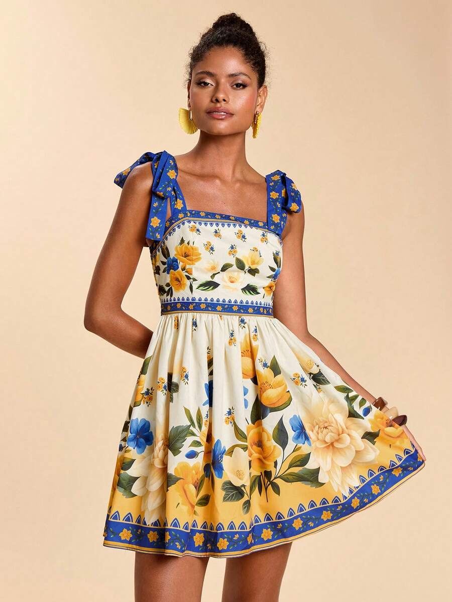 Travachic 女士印花系带露肩收腰度假连衣裙，夏季 - 藍色 - 查看 1