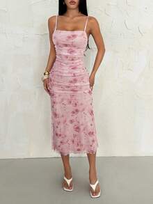 SHEIN PETITE Summer Pink Floral Print Ruched Mesh Cami Long Dress - Baby Pink - View 3