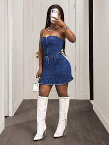 Slaydiva 女士夏季休闲时尚街头风荷叶边下摆半拉链前扣腰带抹胸牛仔连衣裙 - 藍色 - 查看 5