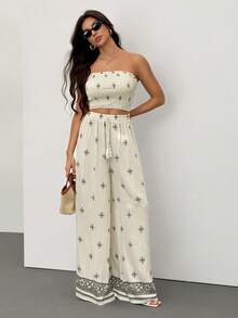 SHEIN Tall Women's Vacation Clashing Print Elegant Casual Stretchy Slimming Shirred Top Wide Leg Pants Set Tube Top And Pants Set Women Summer Clothes Women Two Pieces Outfits Vacation Outfits Woman Vacation Two Pieces Set Boho Women Clothing Flower Bohemian Vacation Outfits Woman Skirt Set Two Piece Outfits Women Maxi Skirt Two Piece Set Yamuna Cruise Summer 2 Piece Sets Woman Strapless Top And Skirt Set - Beige - View 6