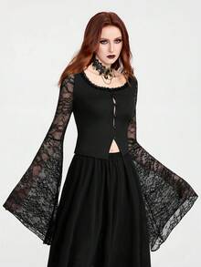Breakform Áo cardigan ngắn tay dài, cài cúc, cổ ren phối màu trơn, chất liệu vải dệt kim, dành cho nữ, kiểu dáng thanh lịch Gothic, có khuy cài, tay áo loe và cổ tay áo ôm sát. - màu đen - Xem 4