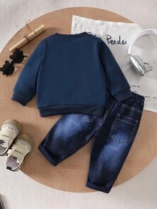 SHEIN 2件套婴儿男女通用套装，适合0-3岁幼儿，春秋季蓝色休闲圆领长袖卫衣上衣搭配白色字母印花仿牛仔裤，舒适贴身，适合户外玩耍、居家、休闲、运动、派对等场合。 - 寶藍色 - 查看 2