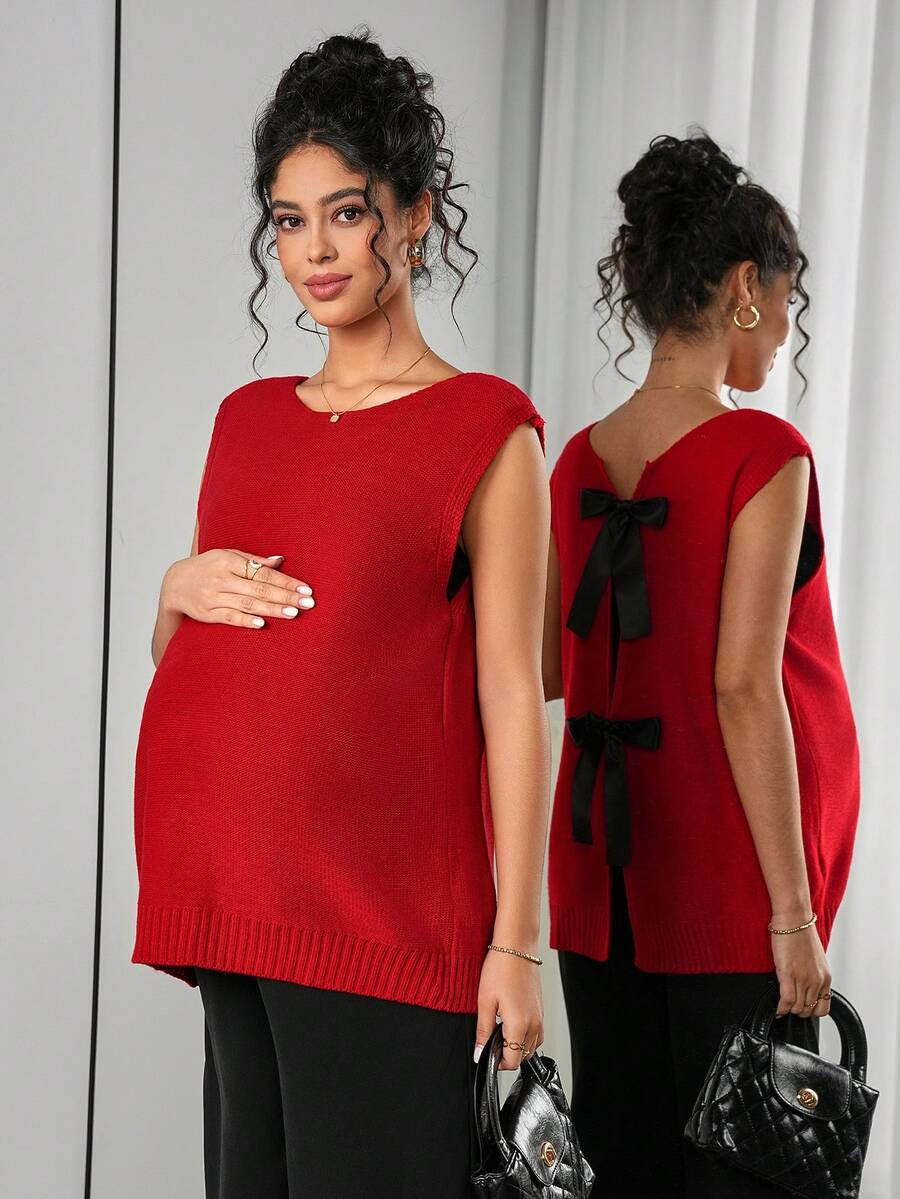 SHEIN 孕妇针织背心，宽松版型，后背蝴蝶结设计，纯色针织背心 - 紅色 - 查看 1