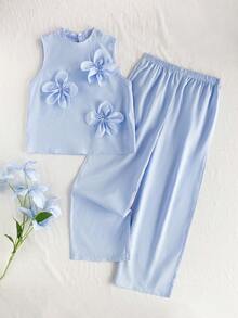 Vintaside Kids 女童春夏无袖小领简约时尚条纹上衣搭配简约百搭时尚条纹裤套装，适合旅行、度假或日常休闲聚会。 - 藍色 - 查看 3