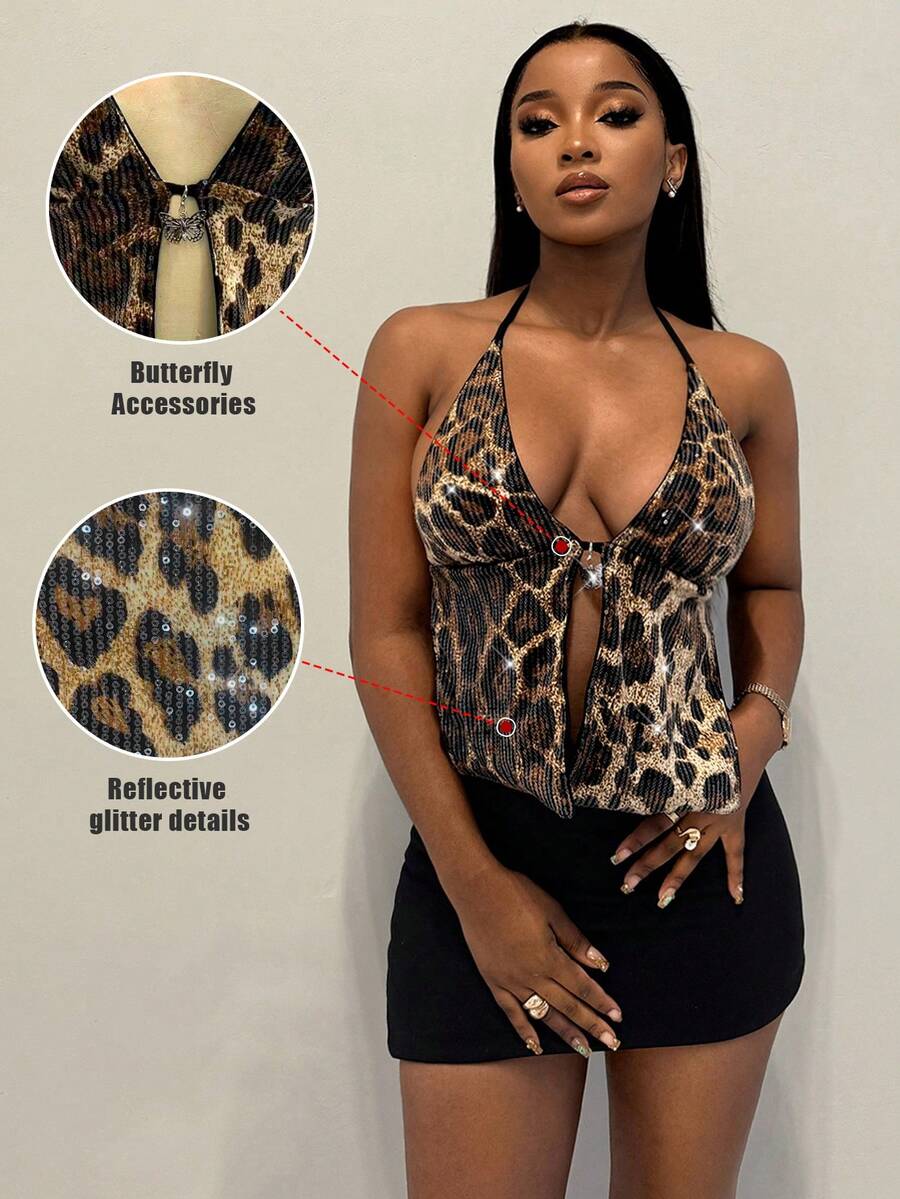 BamGleam Sequin Leopard Print Women Tank Top,Spring/Summer Fashionable Sexy Cheetah Glitter Lace Up Backless Camisole Tops,Y2K Young Vacation Sexy Avant-Garde Shiny Strap Crop Top,Sexy Party Outfits,Beach Camis,Casual Women's Beaded Blouse,Suitable For Music Festival,Travel, Gathering,Birthday,Holiday,Valentine's Day,Party/Club/Night Out/Rave Festival Clothes,Going Out Daily Wear - Brown - View 1