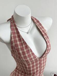 Elamini 女士休闲性感露背系带格子连衣裙