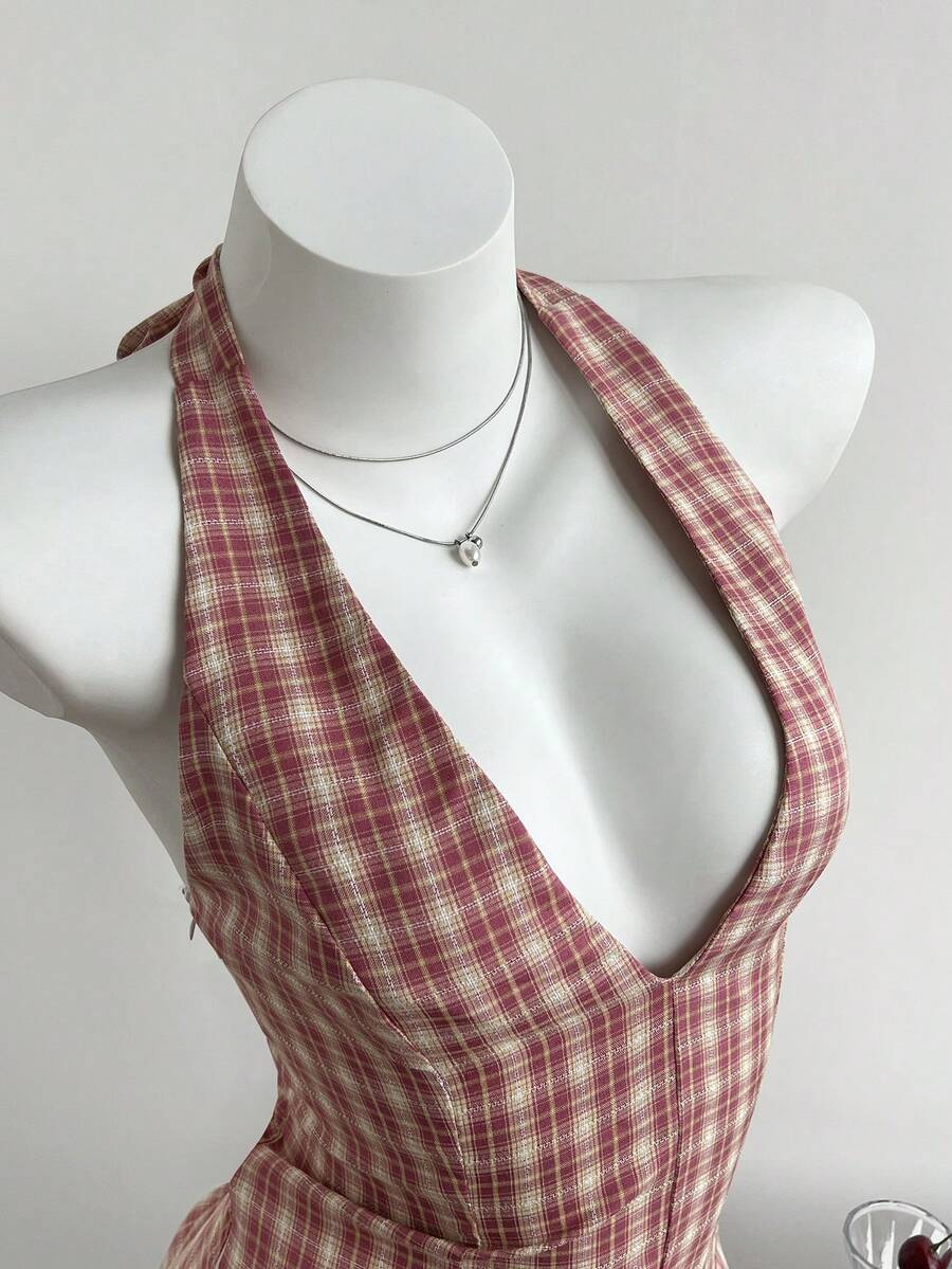 Elamini 女士休闲性感露背系带格子连衣裙