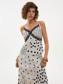 Poéselle 女士蕾丝波点印花吊带背心和半身裙两件套，波点蕾丝吊带裙，细肩带中长夏季连衣裙，优雅黑白派对装扮，夏季两件套，法式两件套，假日，海滩度假，优雅派对 - 彩色 - 查看 5