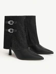 CUCCOO CHICEST Women's Fashion Versatile Commuter Buckle Pointed Toe High Heel Boots Valentine's Day - Black - View 2