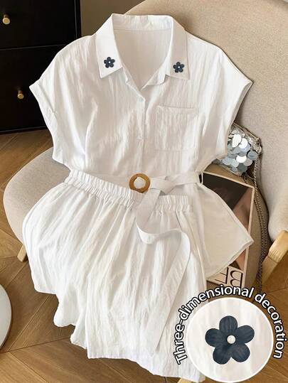 Resyla Woven Loose Drop Shoulder Short Sleeve Shirt + Casual Shorts With Slant Pockets