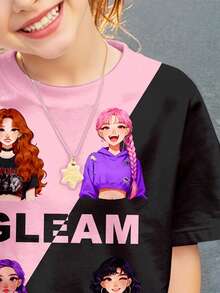 SHEIN 两件套女童粉色撞色暗夜黑卡通女孩肖像休闲简约短袖上衣和短裤，可爱夏季外出装，夏季童装，韩版风格，返校季，舒适时尚，春夏外出装，休闲服饰，婴幼儿印花上衣，夏季新款，春夏时尚 - 彩色 - 查看 4