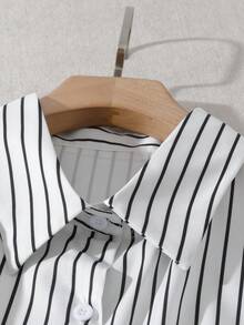 GlowEve CURVE Plus Size Women Black And White Striped Blouse,Flare Pants Set,Geometric Pattern Cuff Long Sleeve 2-Piece,Elegant,Formal,Autumn Office Casual Sets - Black and White - View 6
