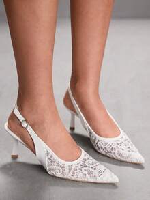 CUCCOO SZL 女士尖头高跟鞋，金属链条装饰，网眼鞋面，性感红色内衬，优雅露跟设计，不对称鞋跟凉鞋 - 白色 - 查看 10