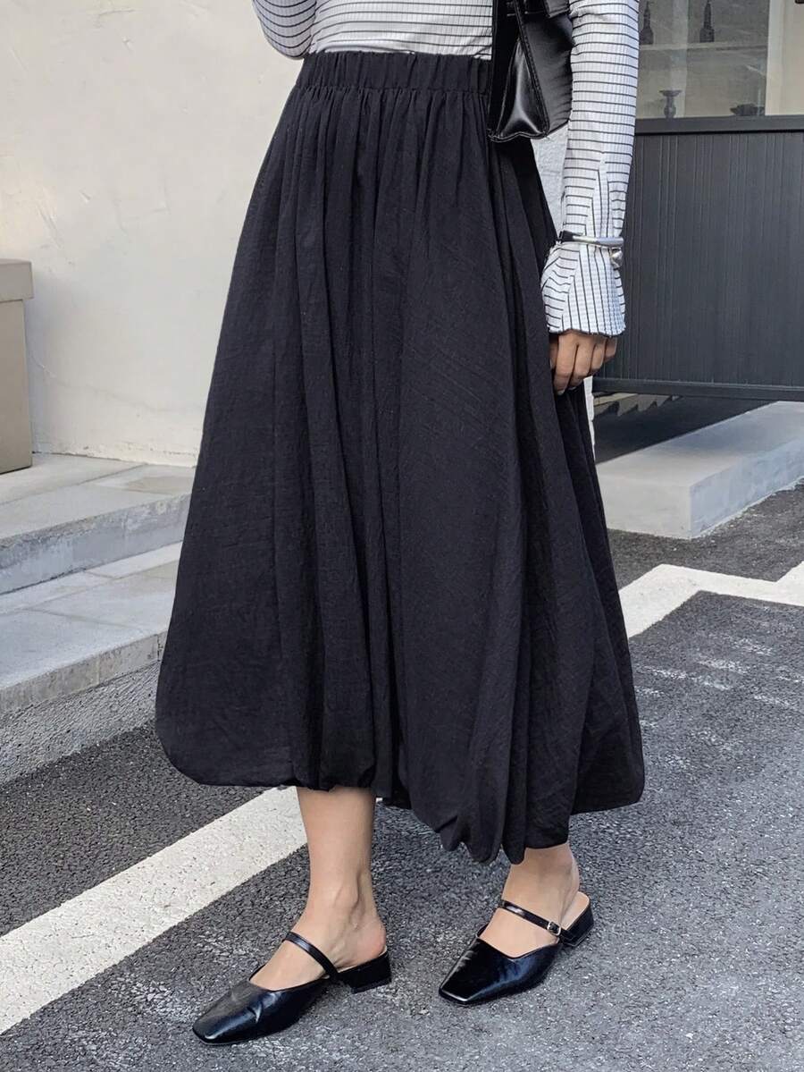 Solavon New Spring And Summer Casual And Elegant Commuting, Daily Dates, Birthday Parties, Office Wear, Simple And Modern Urban, Elastic Waist, Flower Bud Skirt, Mid-Length Skirt, Half Skirt Elegant Dress Women Black Skirt Casual Dresses Birthday Outfit For Women Spring Outfit Women - Black - View 1