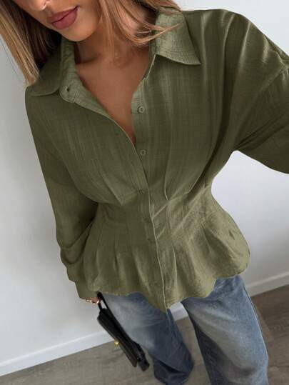 Aloruh Women's Apricot Casual Business Loose Waist Pleated Collar Long Sleeve Shirt, Autumn/Winter Army Green Top Green Blouses