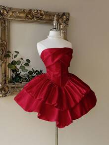 Lovelzi 优雅奢华的白色缎面无肩带收腰双层蛋糕裙，适合单身派对、婚礼、毕业典礼、度假、正式舞会等场合。 - 酒紅色 - 查看 6