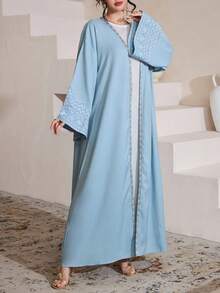 Al Najma Solid Color Round Neck Loose Luxurious Elegant Jacket With Floral Embroidery - Baby Blue - View 4