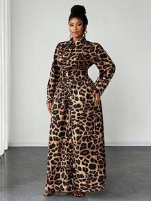 Maweii 大码女士优雅豹纹衬衫领连衣裙，木质纽扣设计，泡泡袖，收腰，后腰松紧带，前中开襟，适合派对和聚会 - 彩色 - 查看 4