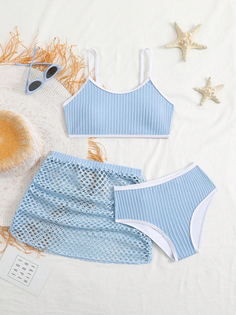 SHEIN 3件套少女比基尼套装，特殊面料，夏季沙滩三件套泳装，女童泳裙套装，带裙泳装，带纱笼裙的比基尼套装，少女泳装3件套，带纱笼裙的比基尼套装，带裙泳装，腰部系带泳装，三件套泳装套装，少女泳装 - 淺藍色 - 查看 1