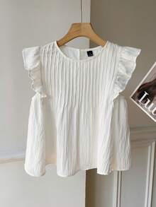 SHEIN EZwear Summer Women's Woven White Blouse With Round Neck, Ruffle Trim And Loose Fit Flare Sleeves Smocked Top White Babydoll Top White Ruffle Top Flutter Sleeve Top - White - View 4