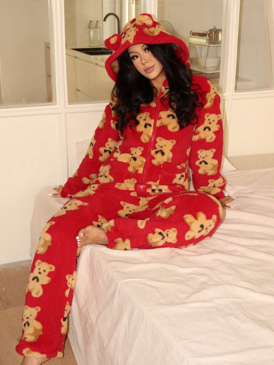 Lowkey Lull Bộ đồ ngủ nữ FamilyFrolics hình tai gấu bông, bộ đồ ngủ gia đình đồng bộ, 2 món mềm mại và thoải mái dành cho nữ, phong cách mùa thu thanh lịch. - Đỏ - Xem 1