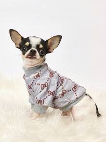 PETSIN 1件印花蝴蝶结法兰绒卫衣，宠物秋冬加厚保暖灰色款 - 灰色 - 查看 3