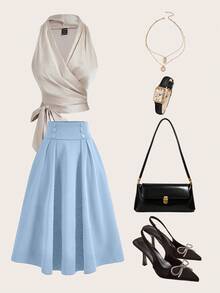 EURMUSE Falda de unicolor elegante para mujer, adecuada para ir al trabajo en verano - Celeste - Ver 1
