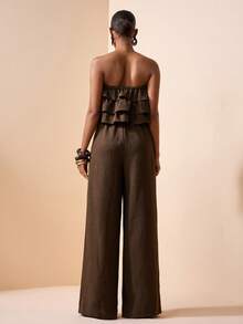 Zivah 女士纯色荷叶边拼接复古休闲连体裤阔腿裤 - 咖啡棕 - 查看 3