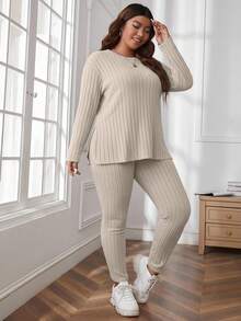SHEIN Cottnline Plus Size Women Solid Color Crew Neck Ribbed Long Sleeve Top And Pants Casual Outfit - Beige - View 3