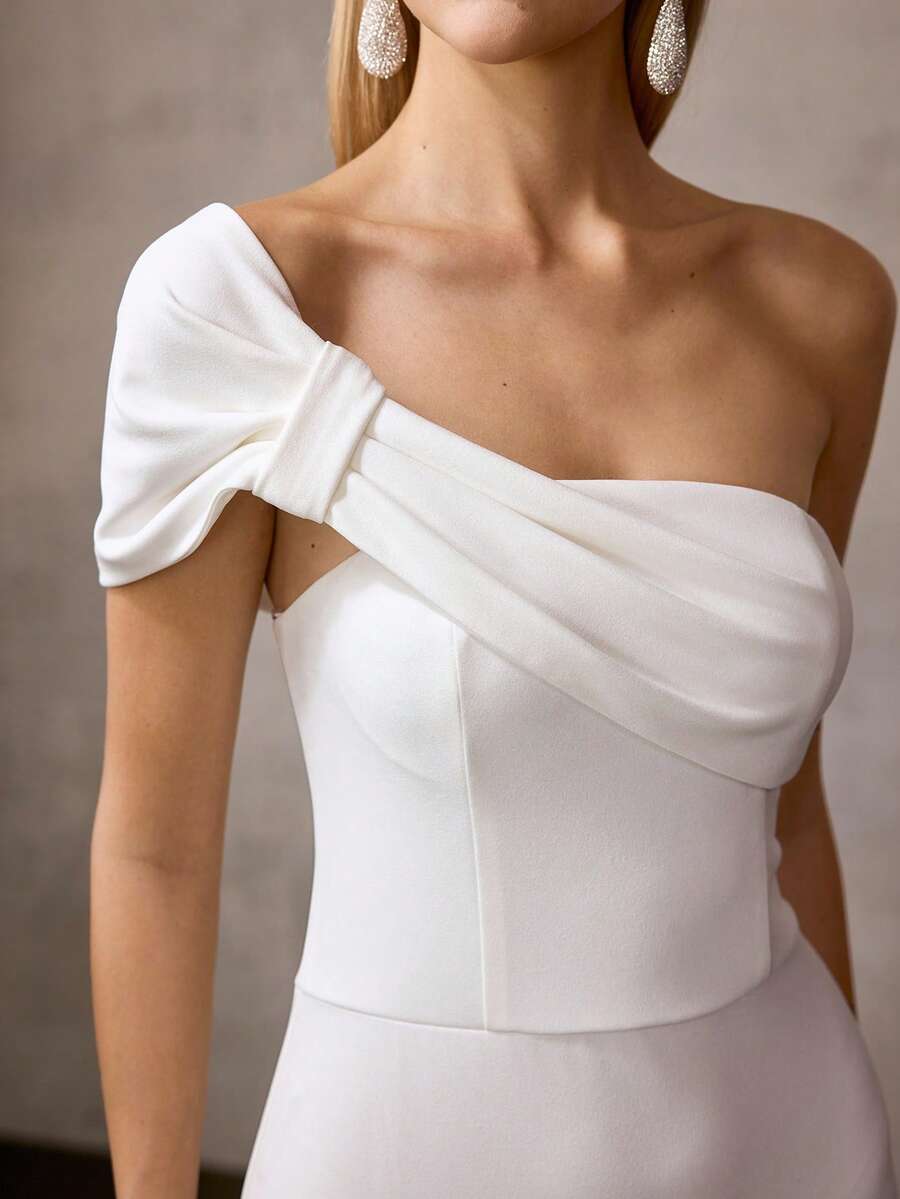 MOTF Soiréza WOMEN'S ELEGANT ONE SHOULDER MAXI FORM-FITTING KNIT MERMAID HEM DRESS, PERFECT FOR WEDDINGS, GALAS & FESTIVE EVENINGS - White - View 2