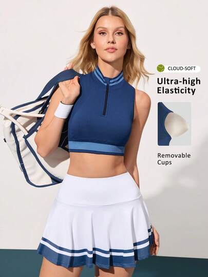  1pc CourtClass Seamless High Stretch Zip-Up Collar Contrast Color Removable Cup Pad Sports Bra, Suitable For Tennis, Yoga, Outerwear