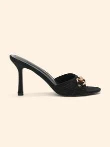 CUCCOO BASICS 8.8厘米高跟黑色PU皮革复古风凉鞋，配金色搭扣装饰 - 黑色飛織 - 查看 3