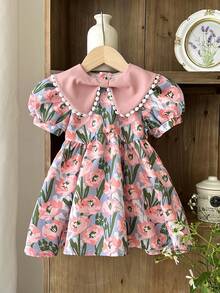LMoss Kids LMoss Baby Girl Cute Ditsy Floral Ruffle Collar Puff Sleeve Dress,Summer Flower Girl Blue Pink Casual Clothes For Parties,Birthdays&Everyday Life - Multicolor - View 5
