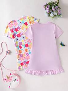 SHEIN 女童独角兽印花圆领短袖荷叶边下摆休闲连衣裙 - 彩色 - 查看 2