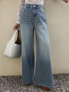 DAZY 女士休闲日常通勤时尚街头水洗宽松阔腿牛仔裤 - 淺色水洗藍 - 查看 5