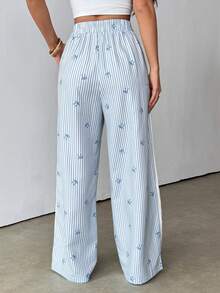 Selianne Quần ống rộng nữ kiểu dáng thường ngày, đa năng, có túi, họa tiết bướm sọc xanh trắng, thích hợp cho mùa xuân/hè. - Nhiều màu - Xem 2