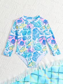 SHEIN 女童时尚长袖连体泳衣，适合海滩、度假村、水疗中心 - 彩色 - 查看 5