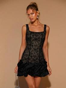 COSMINA Women's Black Lace Square Collar Satin Puff Hem Fitted Mini Dress,Summer Elegent Party Night Black Floral Y2K French Retro Wedding Cocktail Dresses - Black - View 5