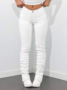 SHEIN Tall Quần jeans ống loe dáng ôm, màu trơn đơn giản dành cho nữ, có túi xéo. - trắng - Xem 2