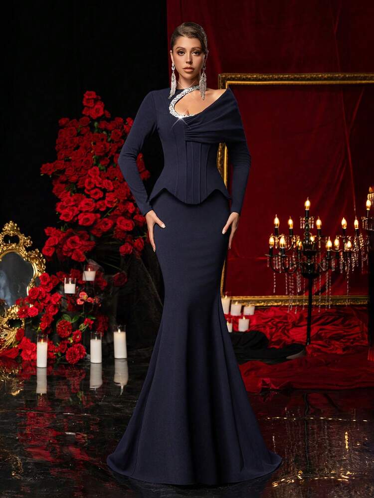 Glamrae Elegant And Glamorous, Navy Blue Sequined Design, Stretch Knit,  Avant-Garde Unique Neckline, Long Sleeves, Draped Detail, 2 In 1, Fishtail  Train. Suitable For All Formal Occasions, A Sophisticated Evening Gown.,Wedding  Guest