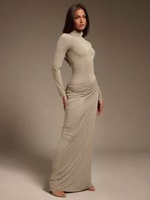 Hauture Vestido largo de manga larga con cuello alto, fruncido y asimétrico de jersey elástico y ajustado para mujer - Albaricoque - Ver 4