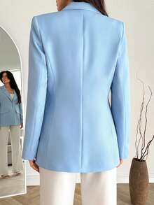 EURMUSE Women Lapel Neck Elegant Pearl Detailed Blazer - Baby Blue - View 2