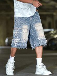 Manfinity Roughcore Thời trang đường phố mùa hè dành cho nam giới: Quần short denim ống rộng, rách gấu, dáng rộng, quần short họa tiết, quần short denim nam, quần short denim tua rua sáng tạo, quần short denim vá, quần short denim rách màu tương phản, quần short denim nam thường ngày. - Rửa nhẹ - Xem 5