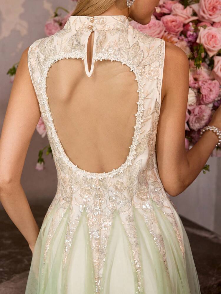 MOTF Soiréza VESTIDO COQUETEL FEMININO COM BORDADO EM TULE E DEGRADÊ COSTAS ABERTAS